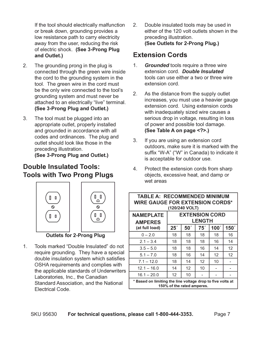 Harbor Freight Tools 95630 operating instructions Double Insulated Tools Tools with Two Prong Plugs, Extension Cords 