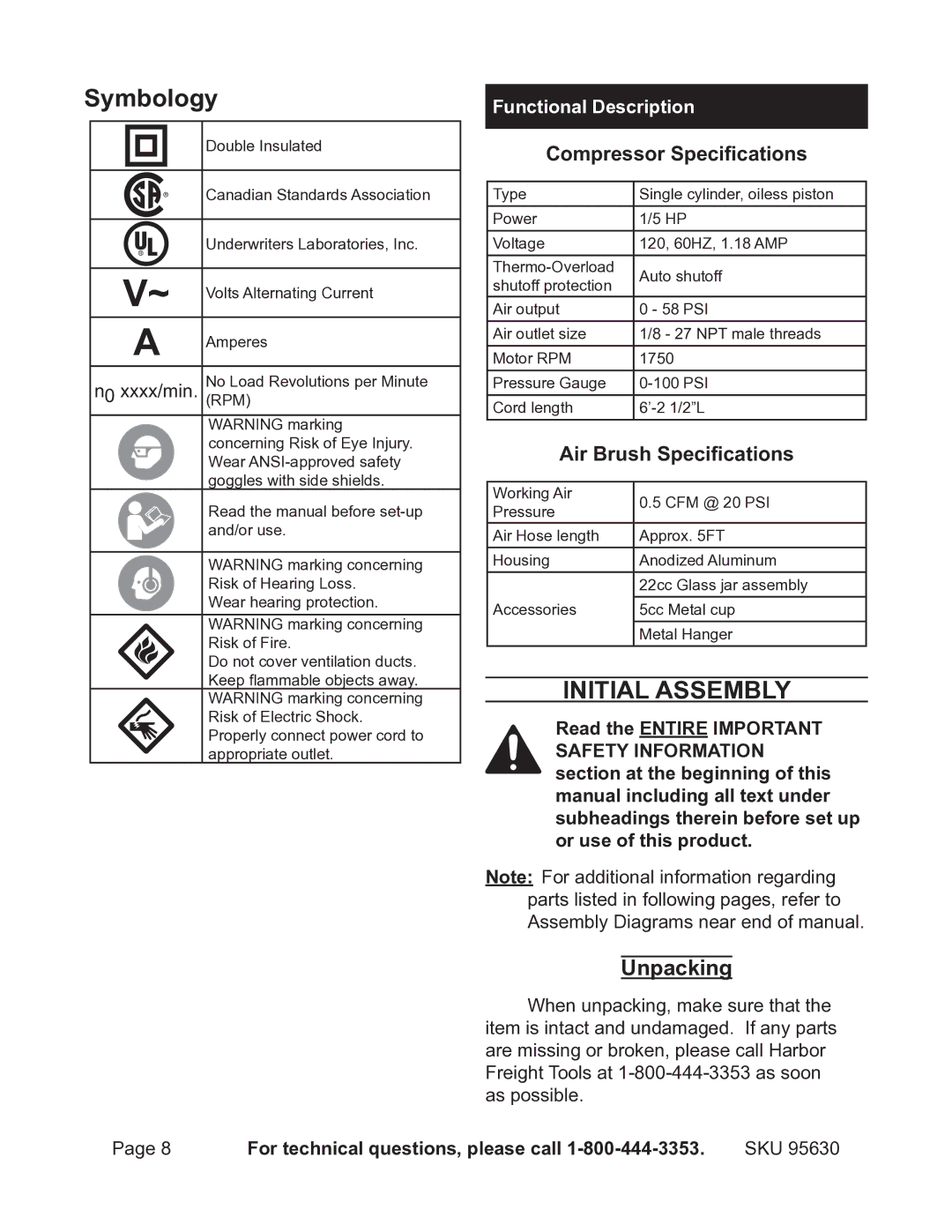 Harbor Freight Tools 95630 operating instructions Symbology, Unpacking, Functional Description 