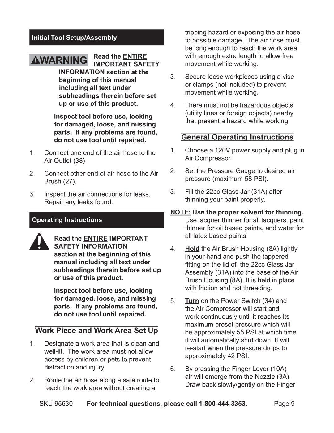 Harbor Freight Tools 95630 operating instructions Assembly, Work Piece and Work Area Set Up, General Operating Instructions 