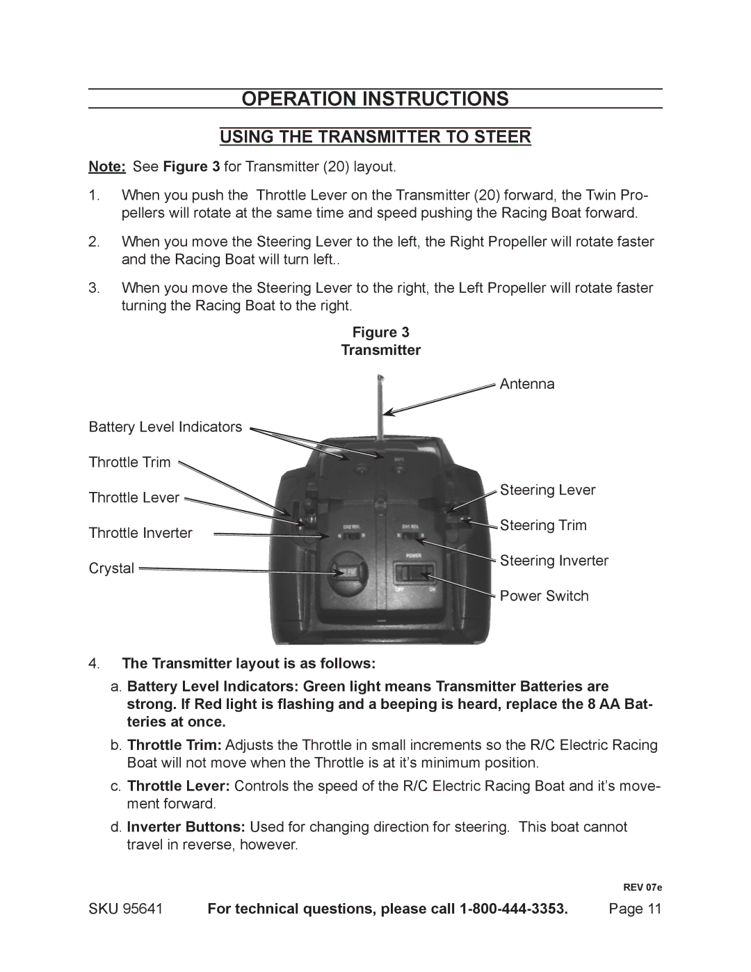 Harbor Freight Tools 95641 manual Using the Transmitter to Steer, Transmitter layout is as follows 