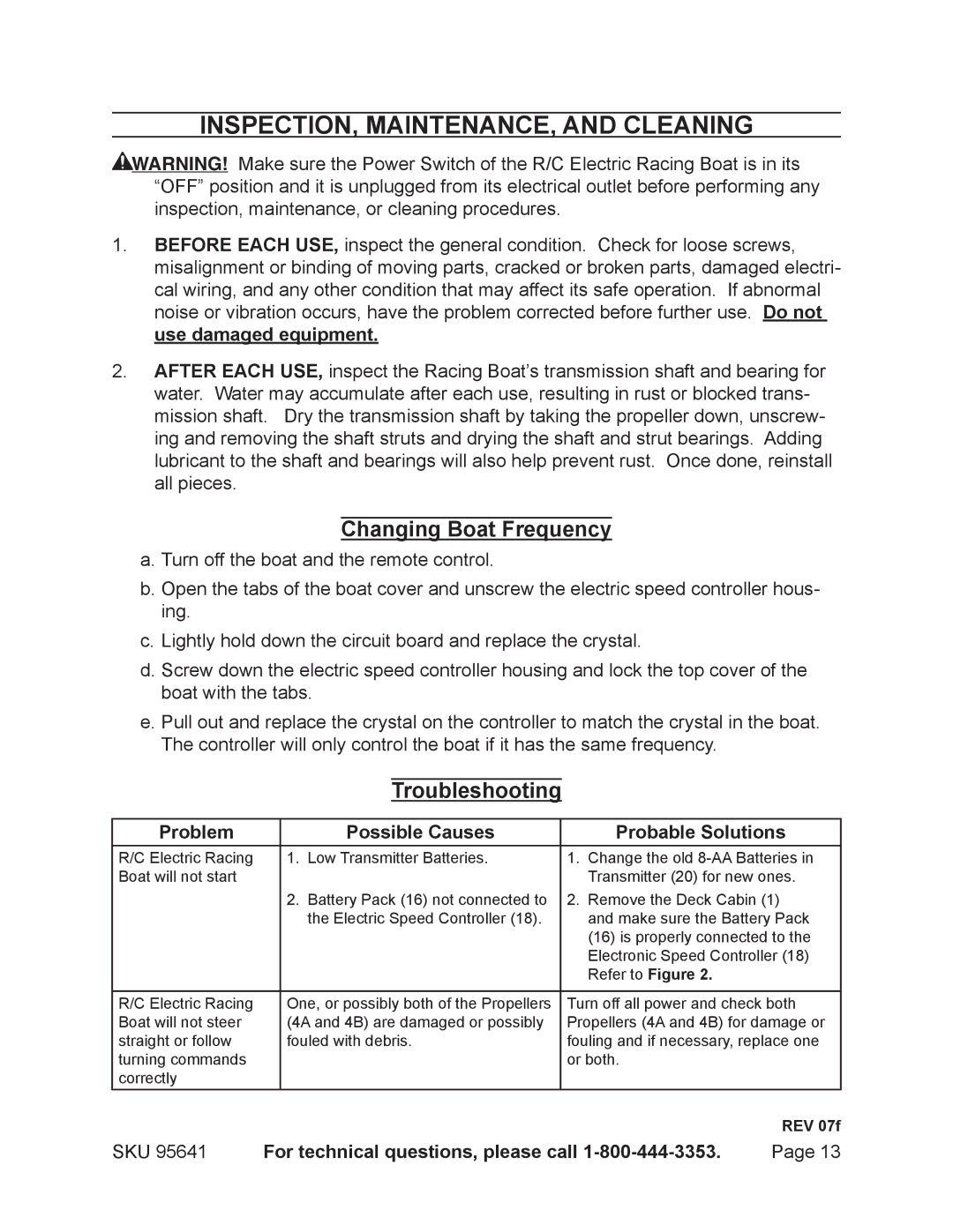 Harbor Freight Tools 95641 manual INSPECTION, MAINTENANCE, and Cleaning, Changing Boat Frequency, Troubleshooting 