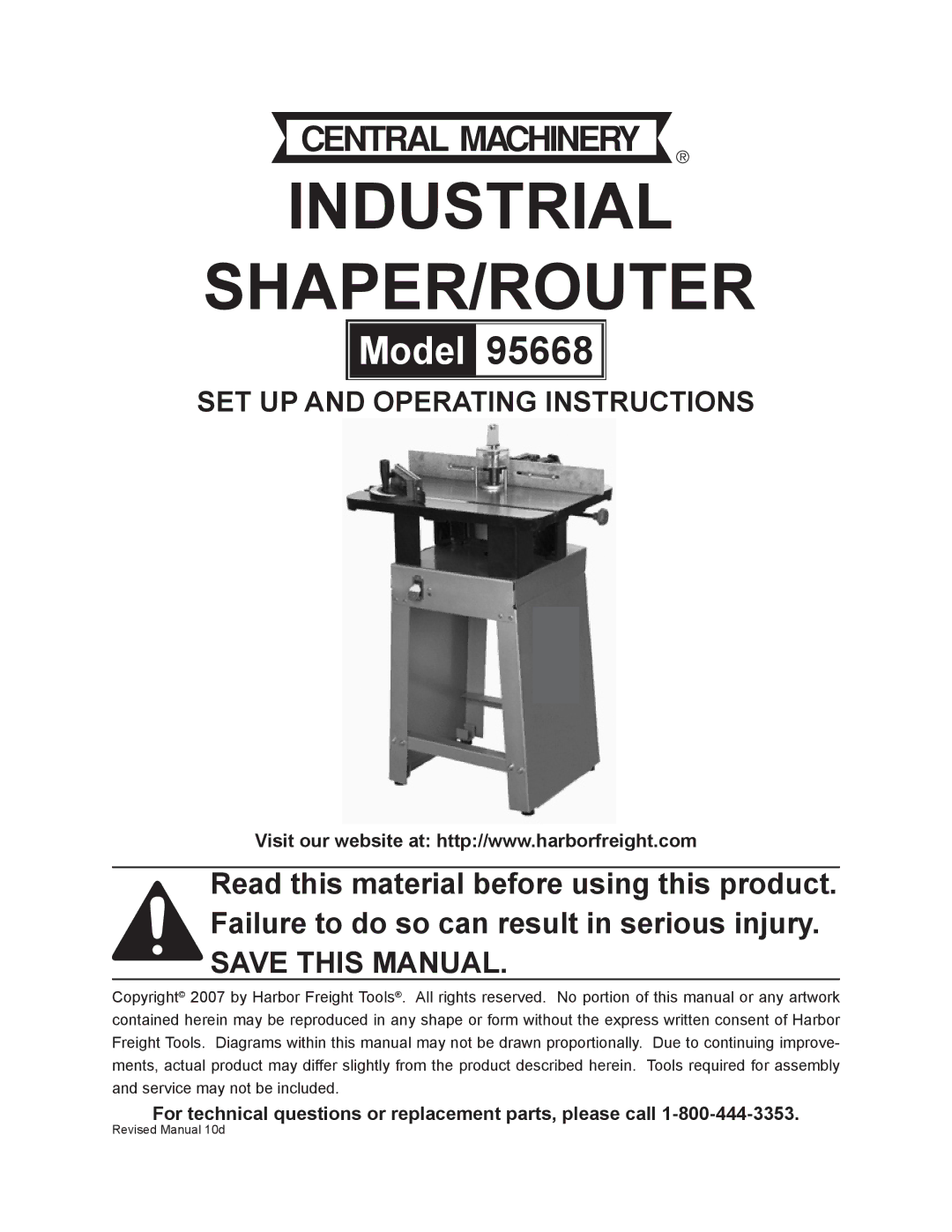 Harbor Freight Tools 95668 operating instructions Industrial SHAPER/ROUTER 