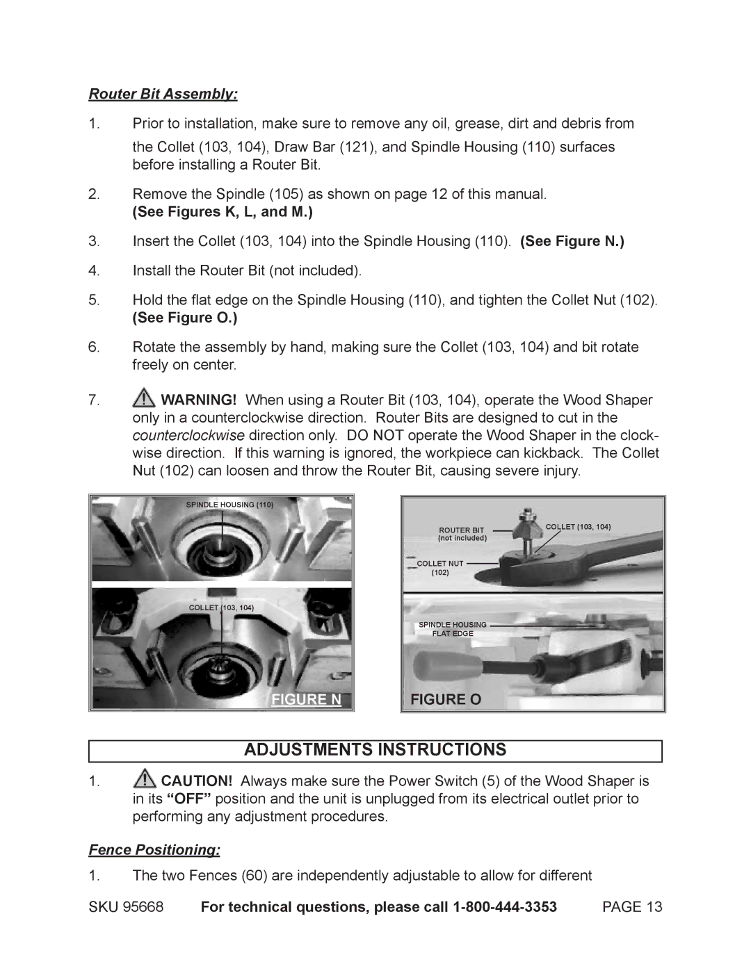 Harbor Freight Tools 95668 Adjustments Instructions, Router Bit Assembly, See Figures K, L, and M, See Figure O 