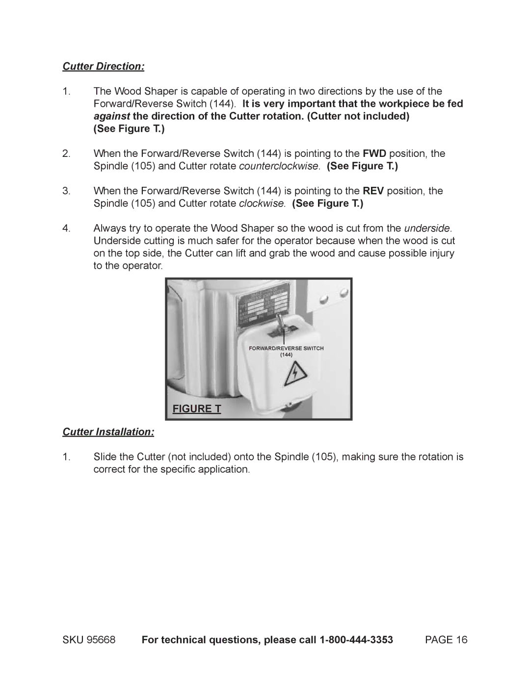 Harbor Freight Tools 95668 operating instructions Cutter Direction, See Figure T, Cutter Installation 