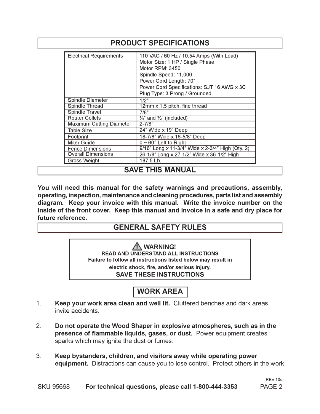 Harbor Freight Tools 95668 operating instructions Product Specifications, Save this Manual, General Safety Rules, Work Area 