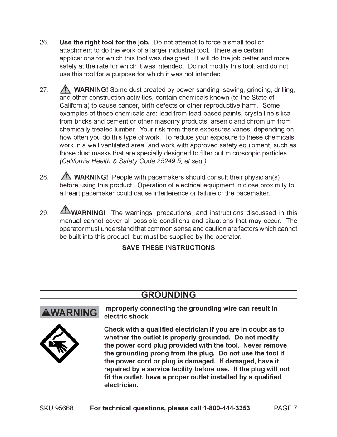 Harbor Freight Tools 95668 operating instructions Grounding 