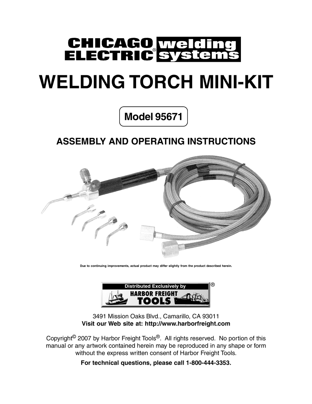 Harbor Freight Tools 95671 operating instructions Welding Torch MINI-KIT, For technical questions, please call 