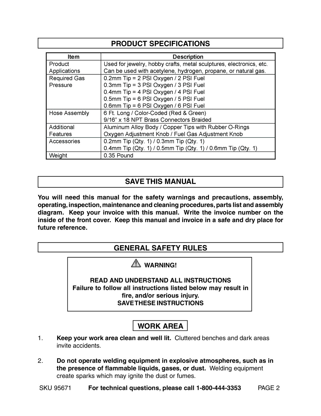 Harbor Freight Tools 95671 operating instructions Product Specifications, Save this Manual, General Safety Rules, Work Area 