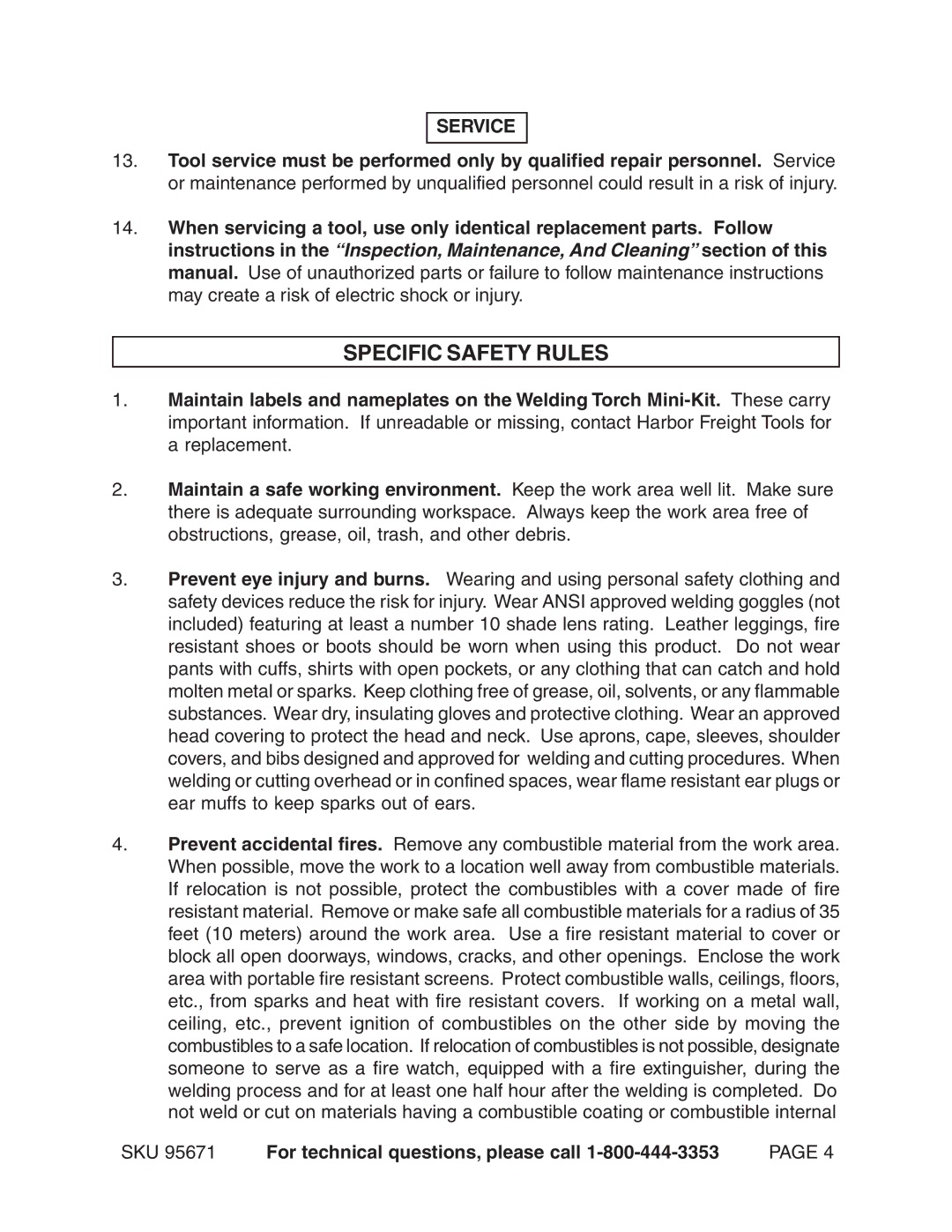 Harbor Freight Tools 95671 operating instructions Specific Safety Rules, Service 