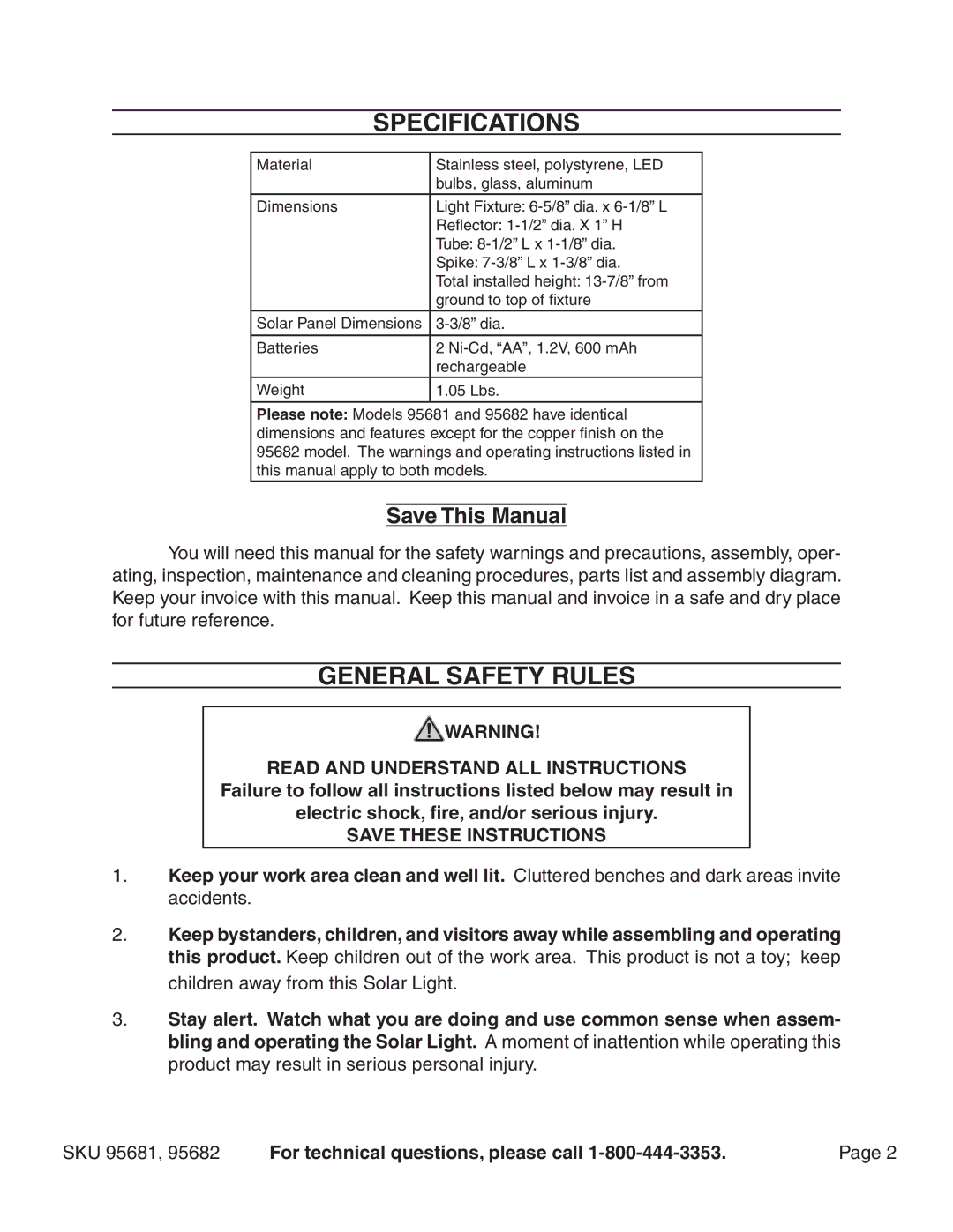 Harbor Freight Tools 95682, 95681 manual Specifications, General Safety Rules, Save This Manual 