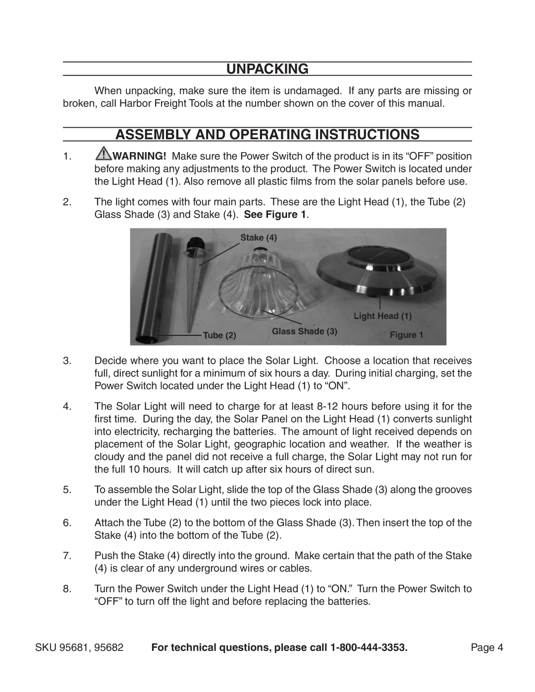 Harbor Freight Tools 95682, 95681 manual Unpacking, Assembly and Operating Instructions 