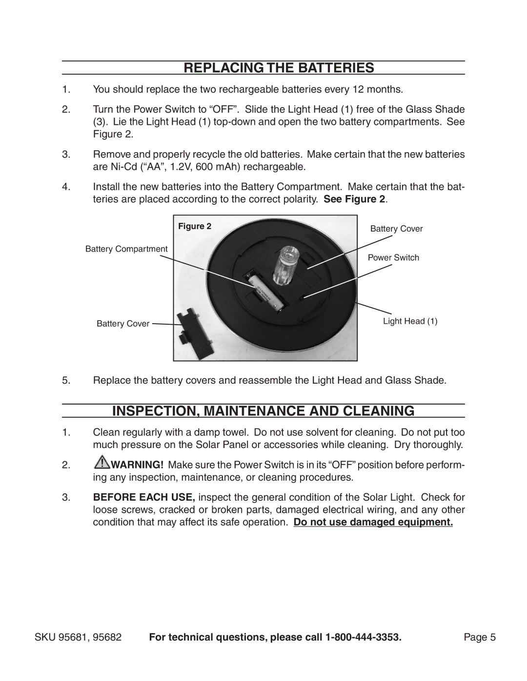 Harbor Freight Tools 95681, 95682 manual Replacing the Batteries, Inspection, Maintenance and cleaning 