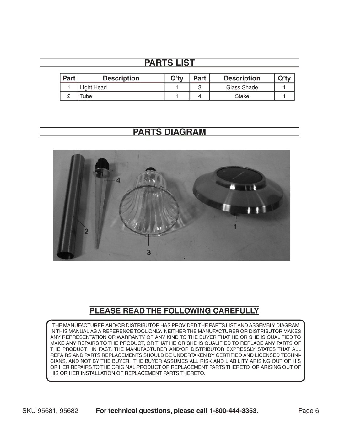 Harbor Freight Tools 95682, 95681 manual Parts List, Parts Diagram 