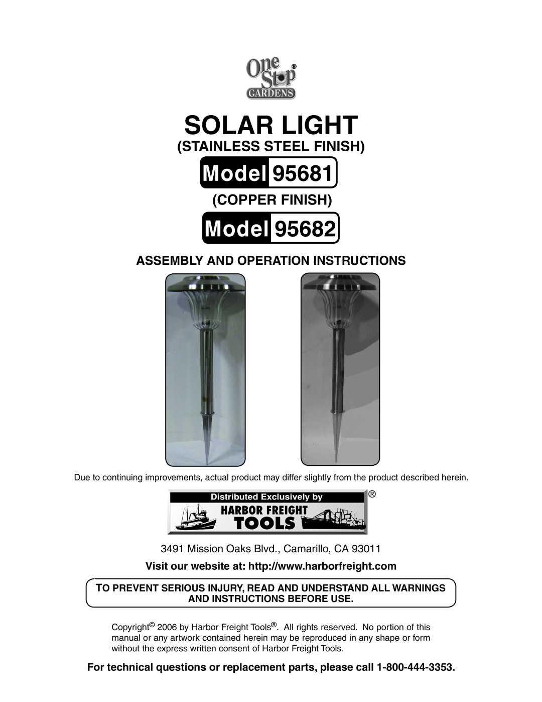 Harbor Freight Tools 95681 manual Stainless steel finish, Copper finish, Assembly And Operation Instructions, SOLAR Light 