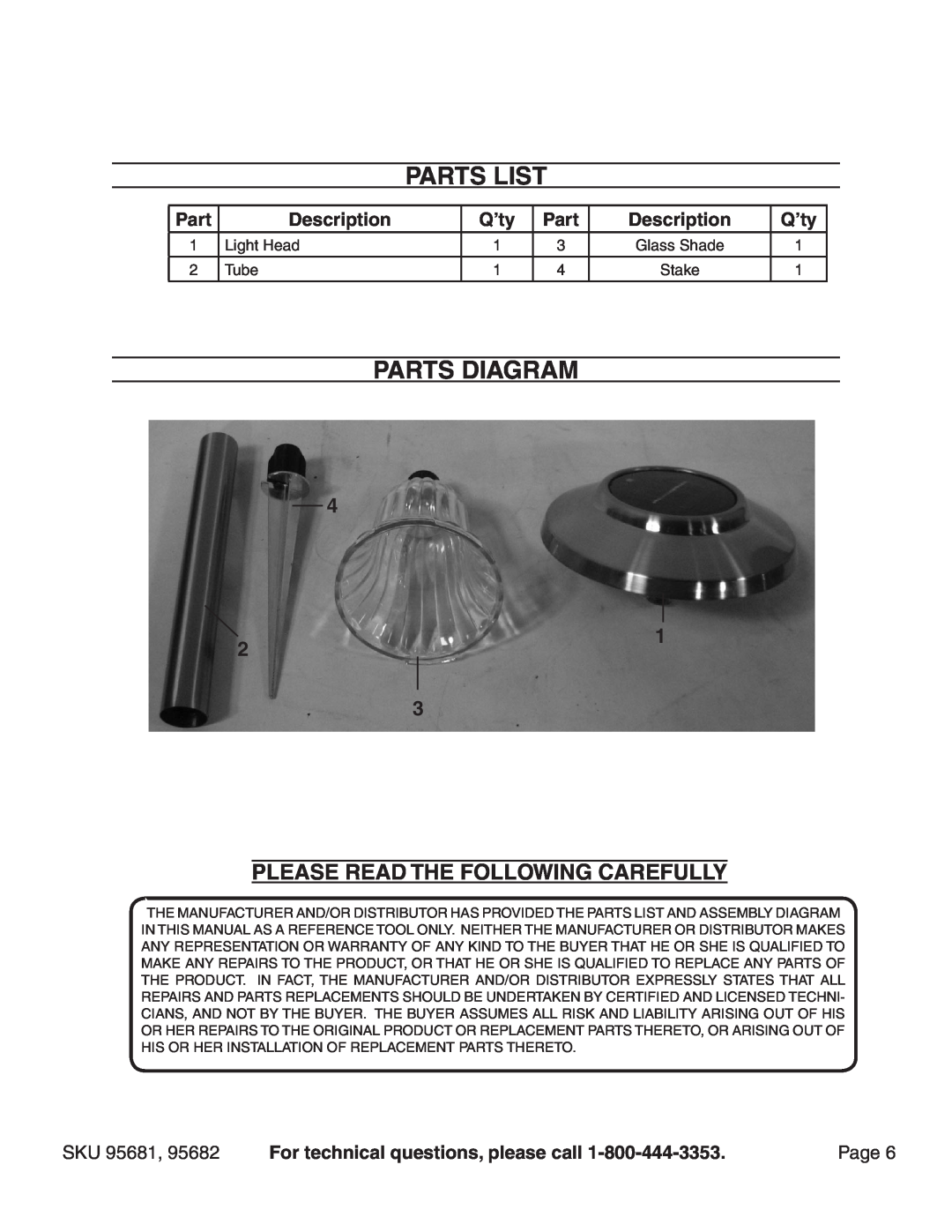 Harbor Freight Tools 95682, 95681 manual Parts List, parts DIAGRAM, Please Read The Following Carefully, Page 