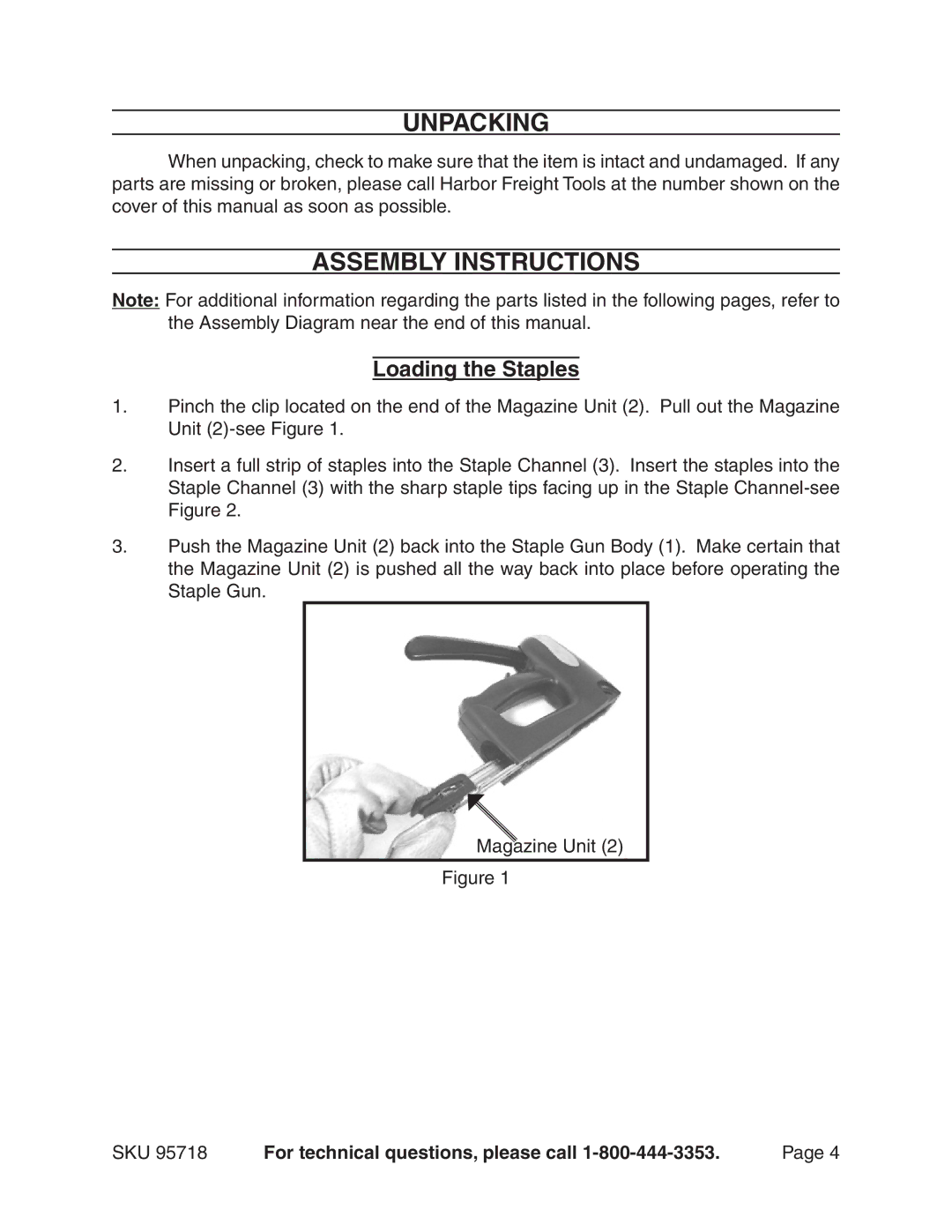 Harbor Freight Tools 95718 manual Unpacking, Assembly Instructions, Loading the Staples 