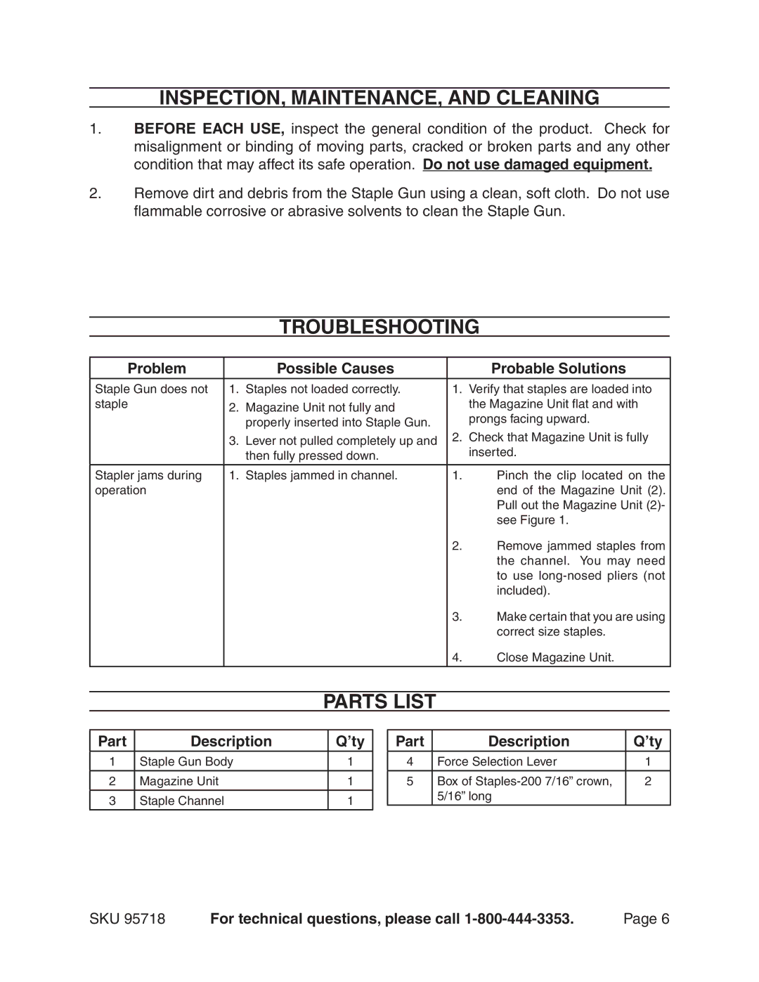 Harbor Freight Tools 95718 manual INSPECTION, MAINTENANCE, and Cleaning, Troubleshooting, Parts List, Part Description ’ty 