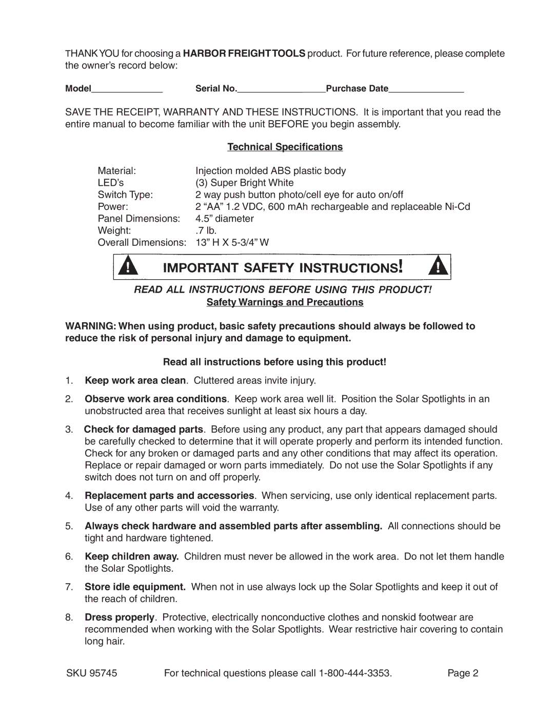 Harbor Freight Tools 95745 manual Technical Specifications 