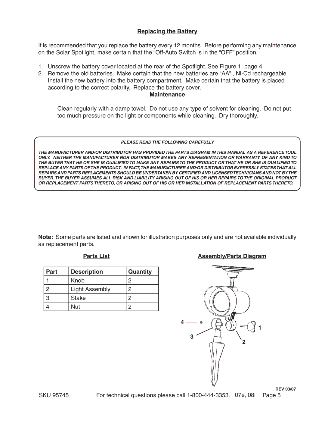 Harbor Freight Tools 95745 Replacing the Battery, Maintenance, Parts List Assembly/Parts Diagram Description Quantity 