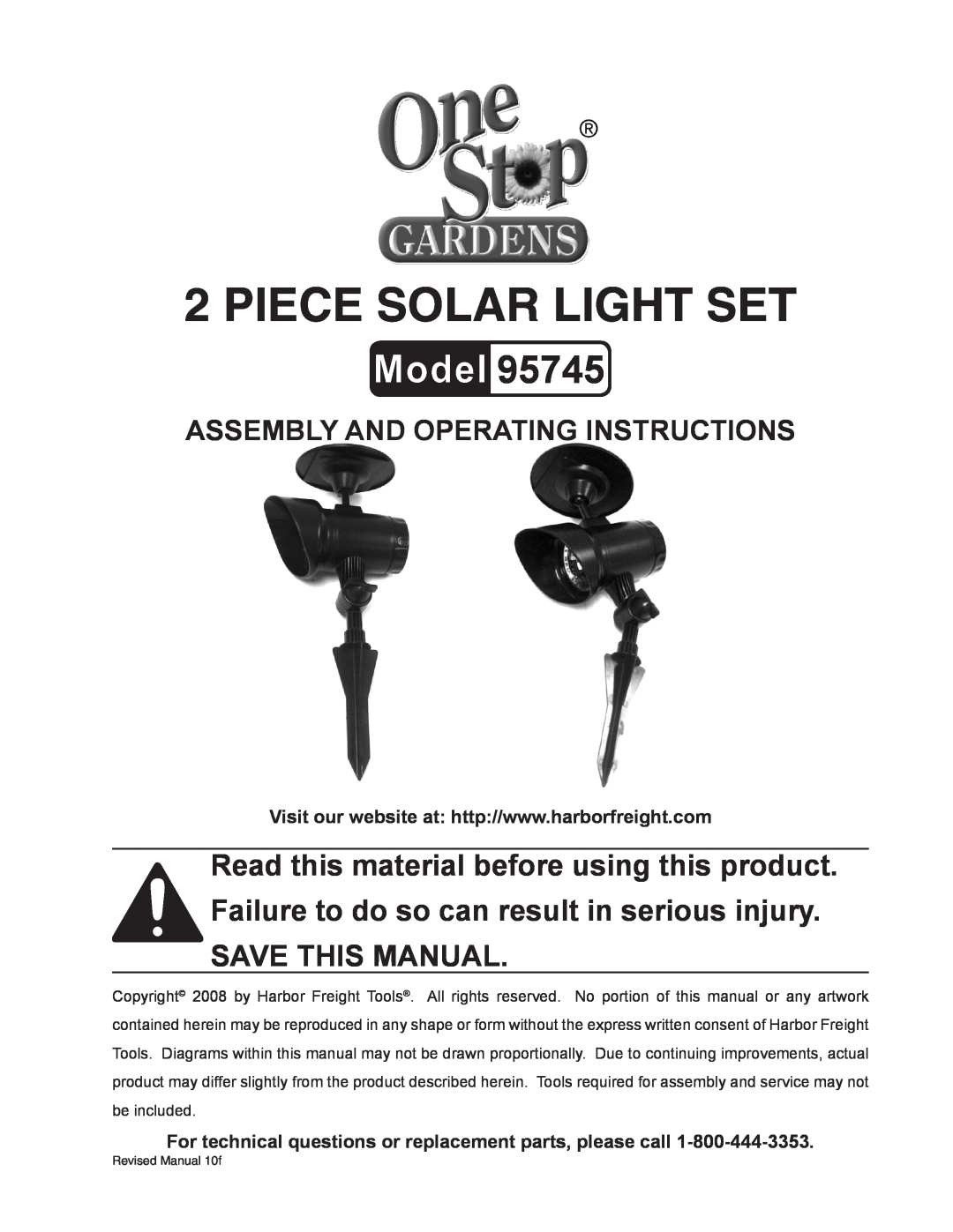 Harbor Freight Tools 95745 manual Piece Solar Light Set, assembly and Operating Instructions 