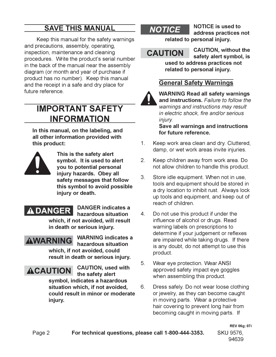 Harbor Freight Tools 9576, 94639 manual Save This Manual, Save all warnings and instructions for future reference 