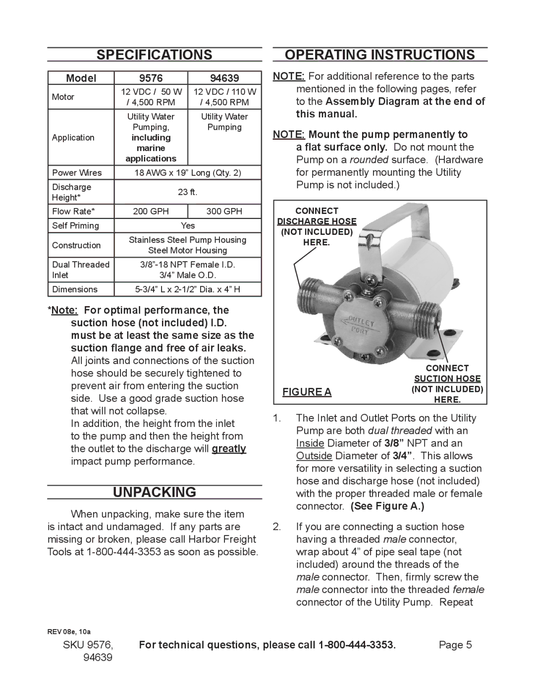 Harbor Freight Tools 94639, 9576 manual Specifications, Unpacking, Operating Instructions, Model 