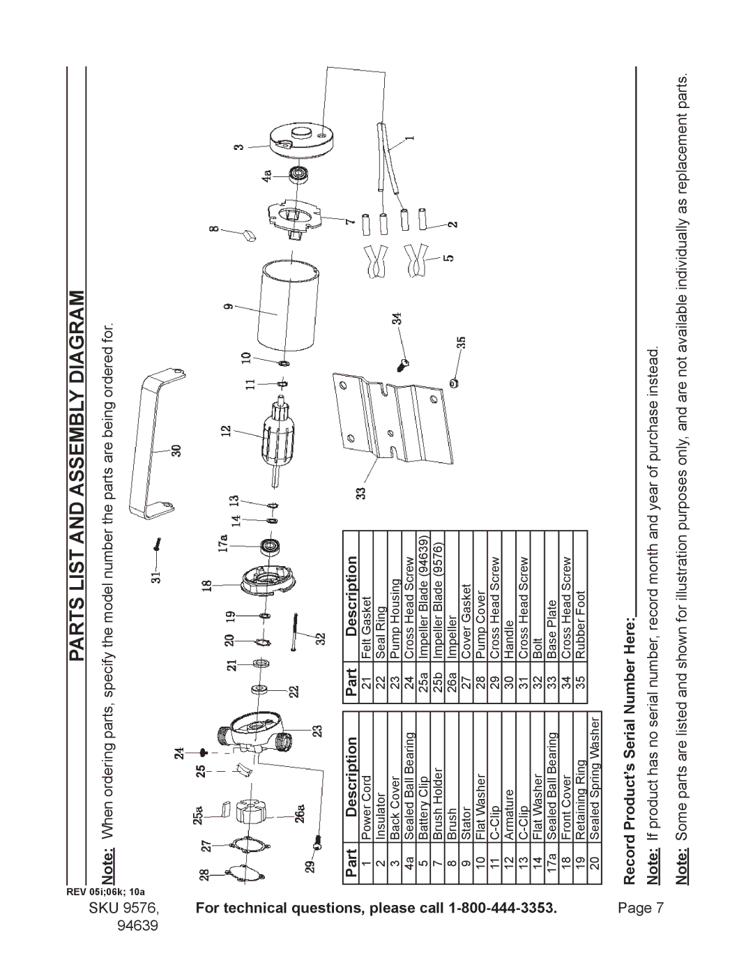 Harbor Freight Tools 94639, 9576 Parts List and Assembly Diagram, For technical questions, please call Part Description 