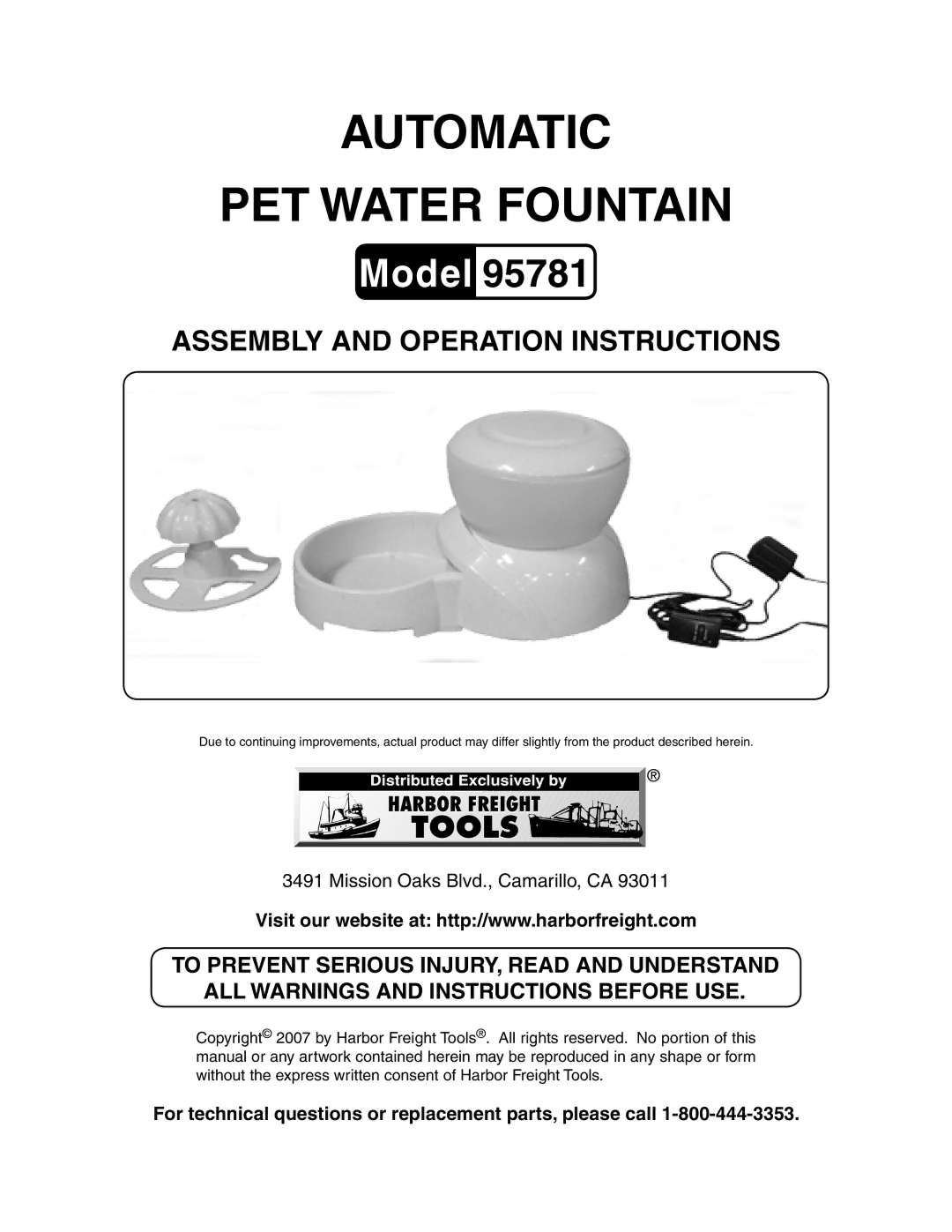 Harbor Freight Tools 95781 manual Automatic PET Water Fountain, For technical questions or replacement parts, please call 