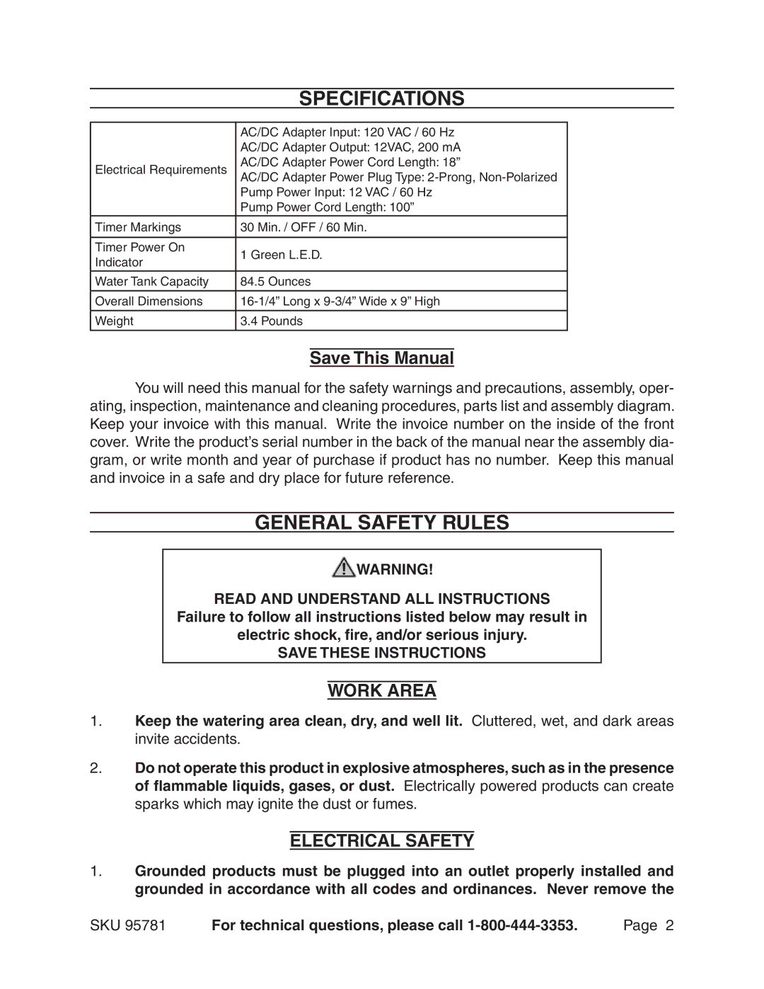 Harbor Freight Tools 95781 manual Specifications, General Safety Rules, Work Area, Electrical Safety 