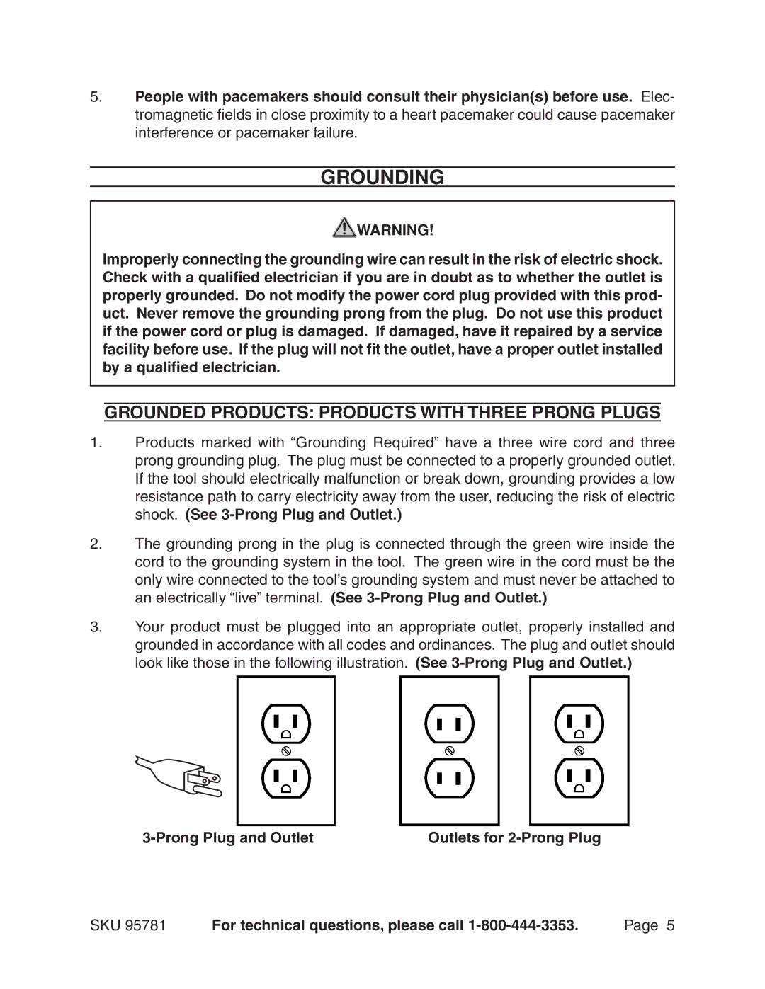 Harbor Freight Tools 95781 manual Grounding, Grounded PRODUCTs PRODUCTs With Three Prong Plugs 