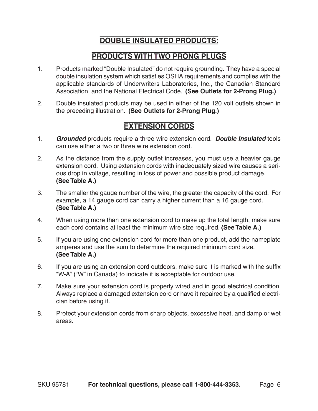 Harbor Freight Tools 95781 manual Double Insulated PRODUCTs PRODUCTs With Two Prong Plugs, Extension Cords, See Table a 