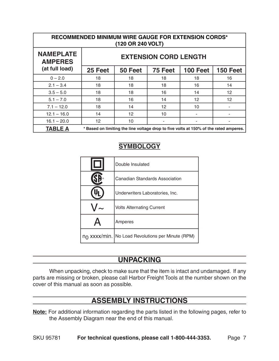 Harbor Freight Tools 95781 manual Unpacking, Assembly Instructions, Nameplate Extension Cord Length, Feet, Symbology 