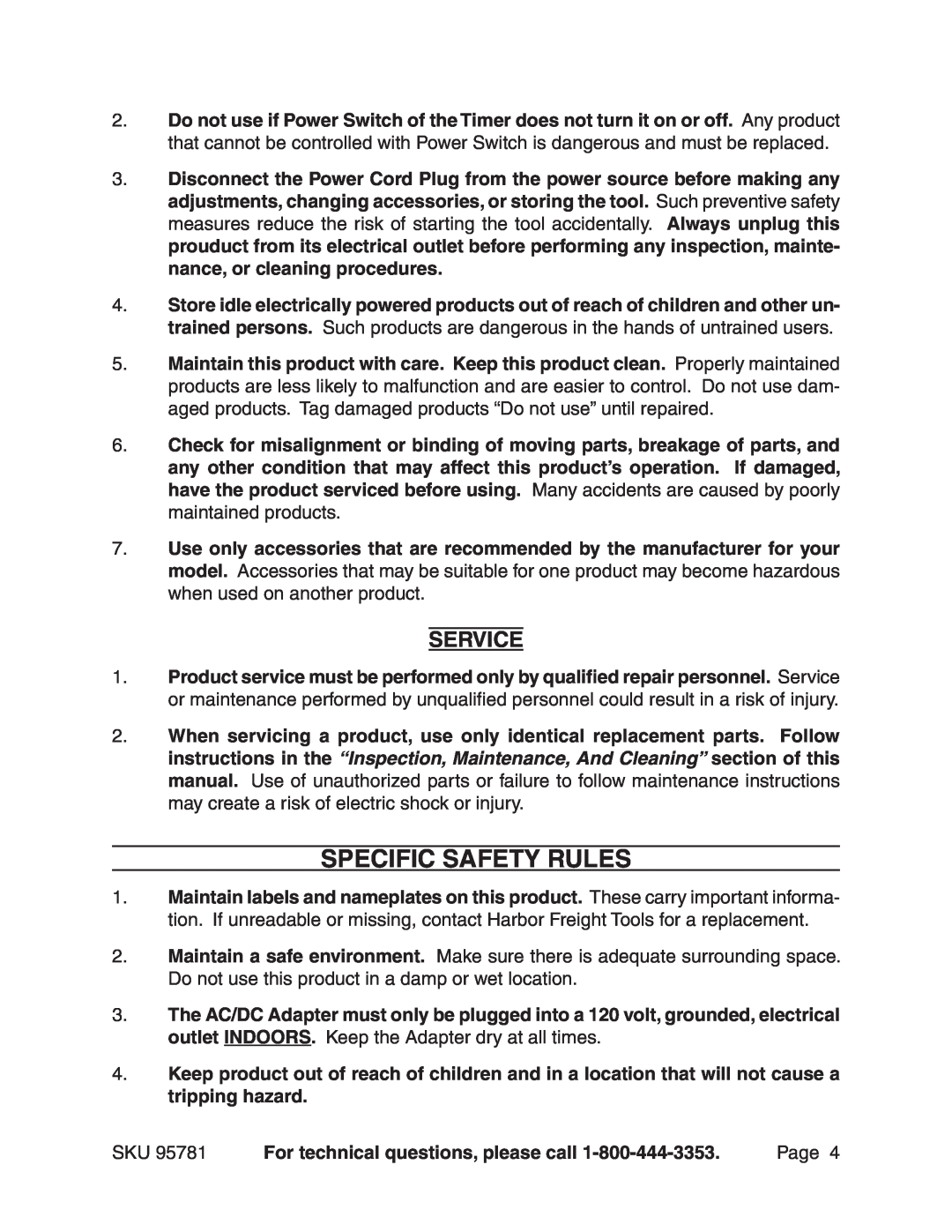 Harbor Freight Tools 95781 manual Specific Safety Rules, Service, For technical questions, please call 