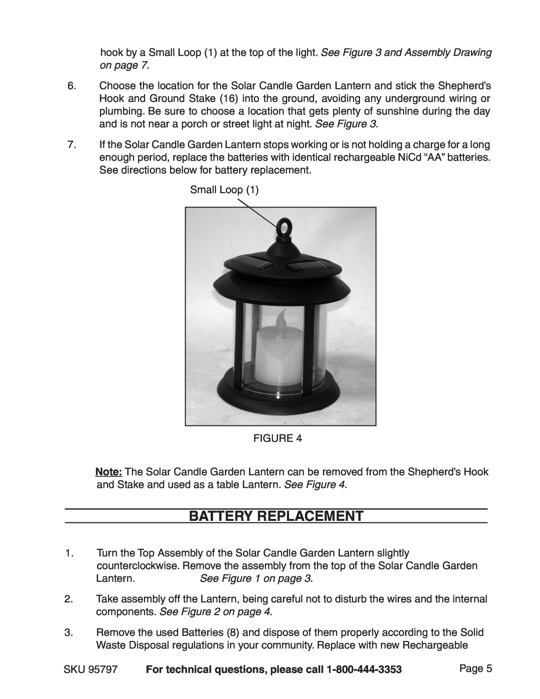 Harbor Freight Tools 95797 manual Battery Replacement, Lantern.See on page, For technical questions, please call 