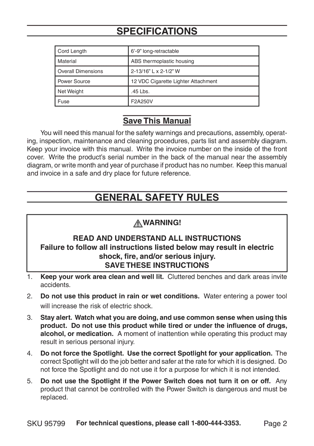 Harbor Freight Tools 95799 manual Specifications, General Safety Rules, Save This Manual 