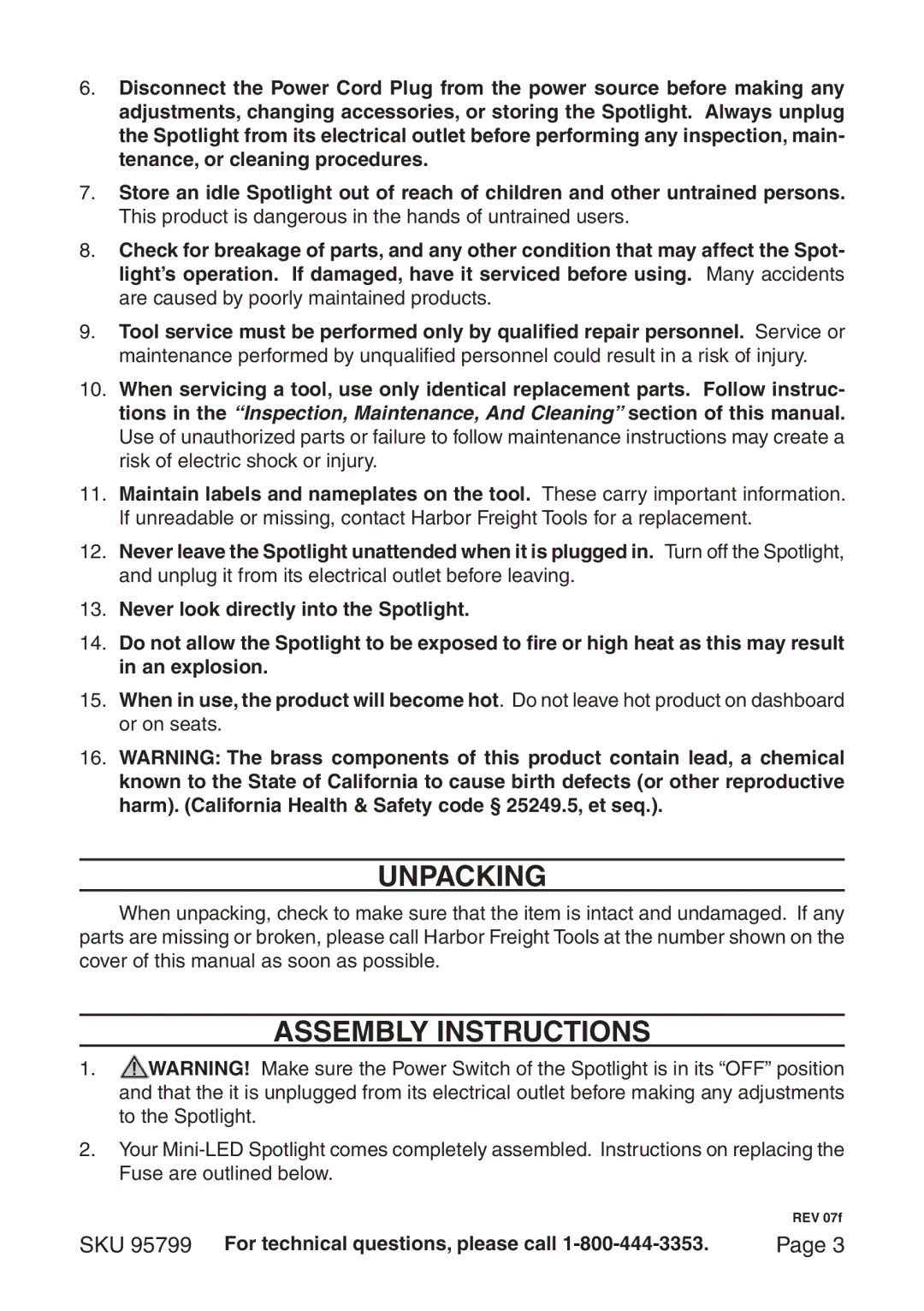 Harbor Freight Tools 95799 manual Unpacking, Assembly Instructions 