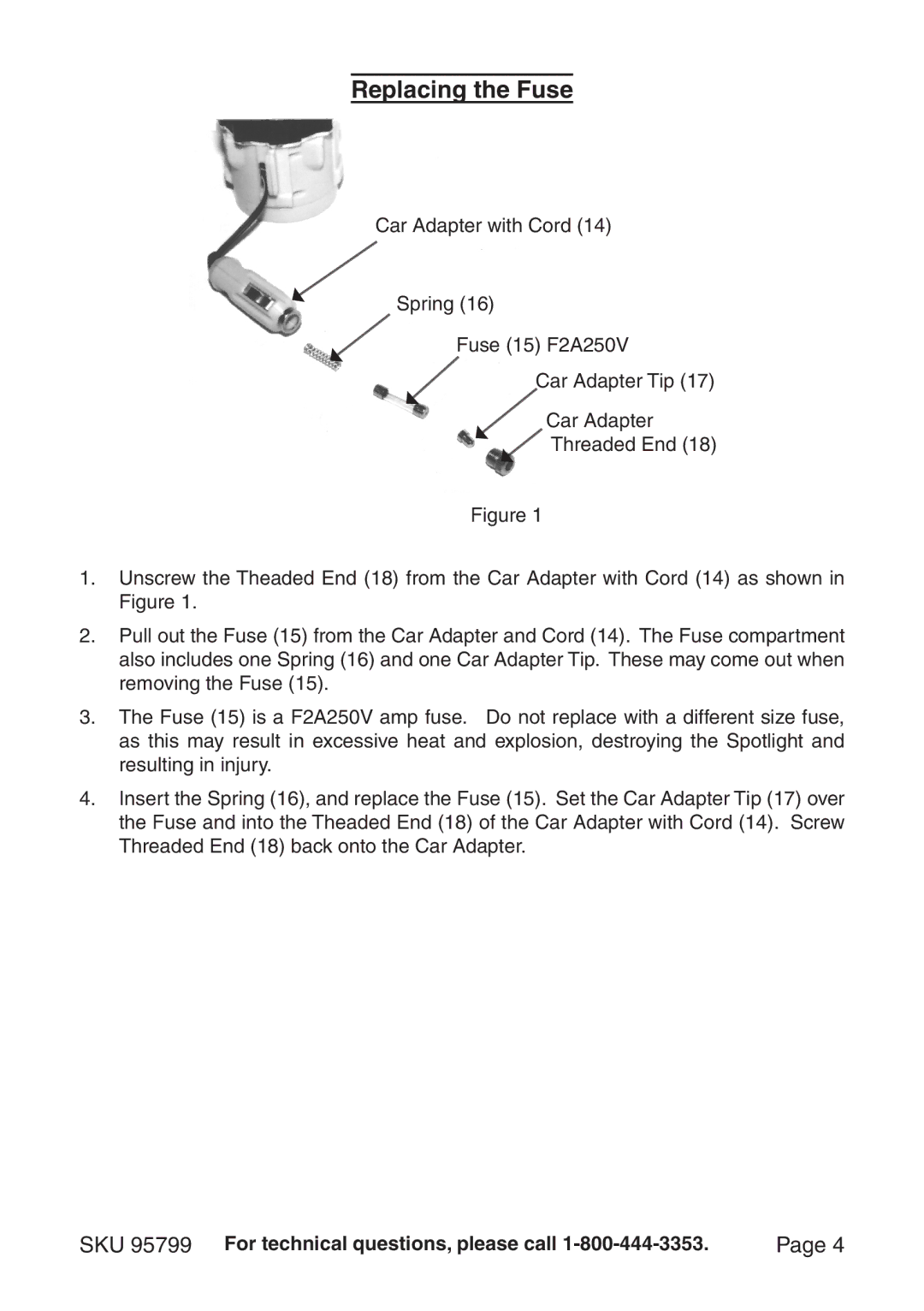 Harbor Freight Tools 95799 manual Replacing the Fuse 