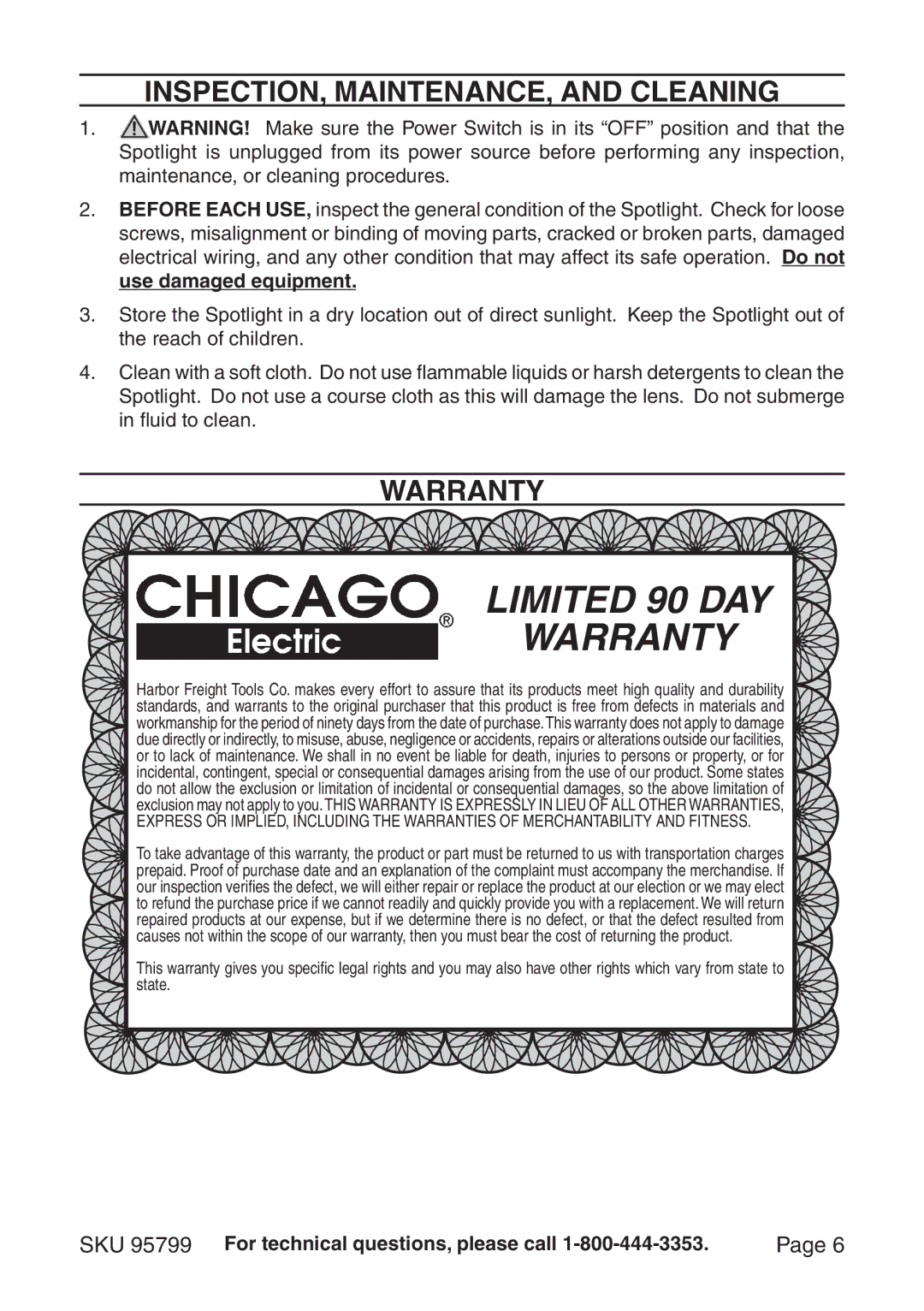 Harbor Freight Tools 95799 manual INSPECTION, MAINTENANCE, and Cleaning, Warranty 