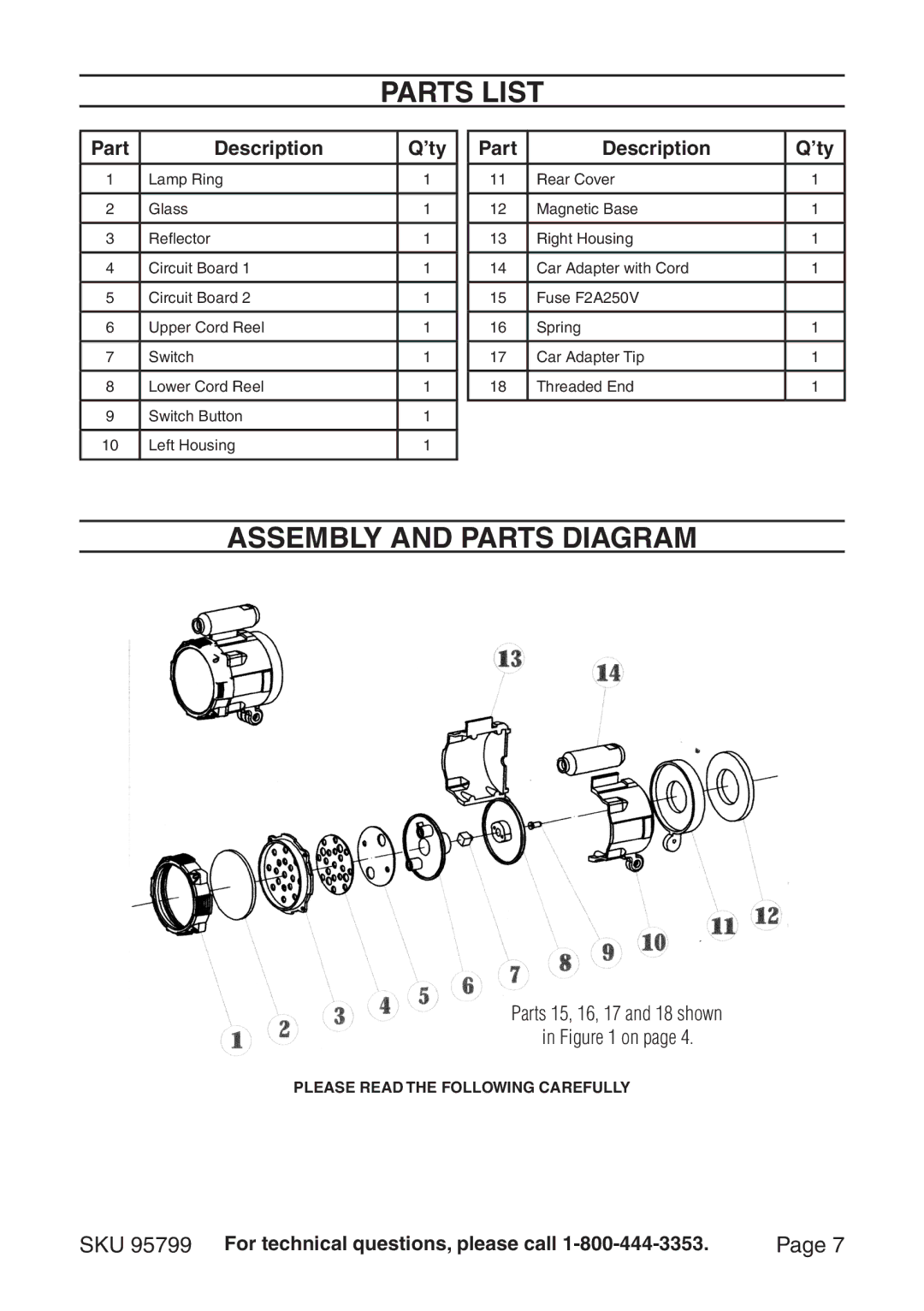 Harbor Freight Tools 95799 manual Parts List, Assembly and parts diagram 