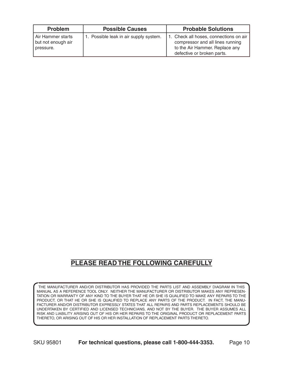 Harbor Freight Tools 95801 manual Please Read the Following Carefully 