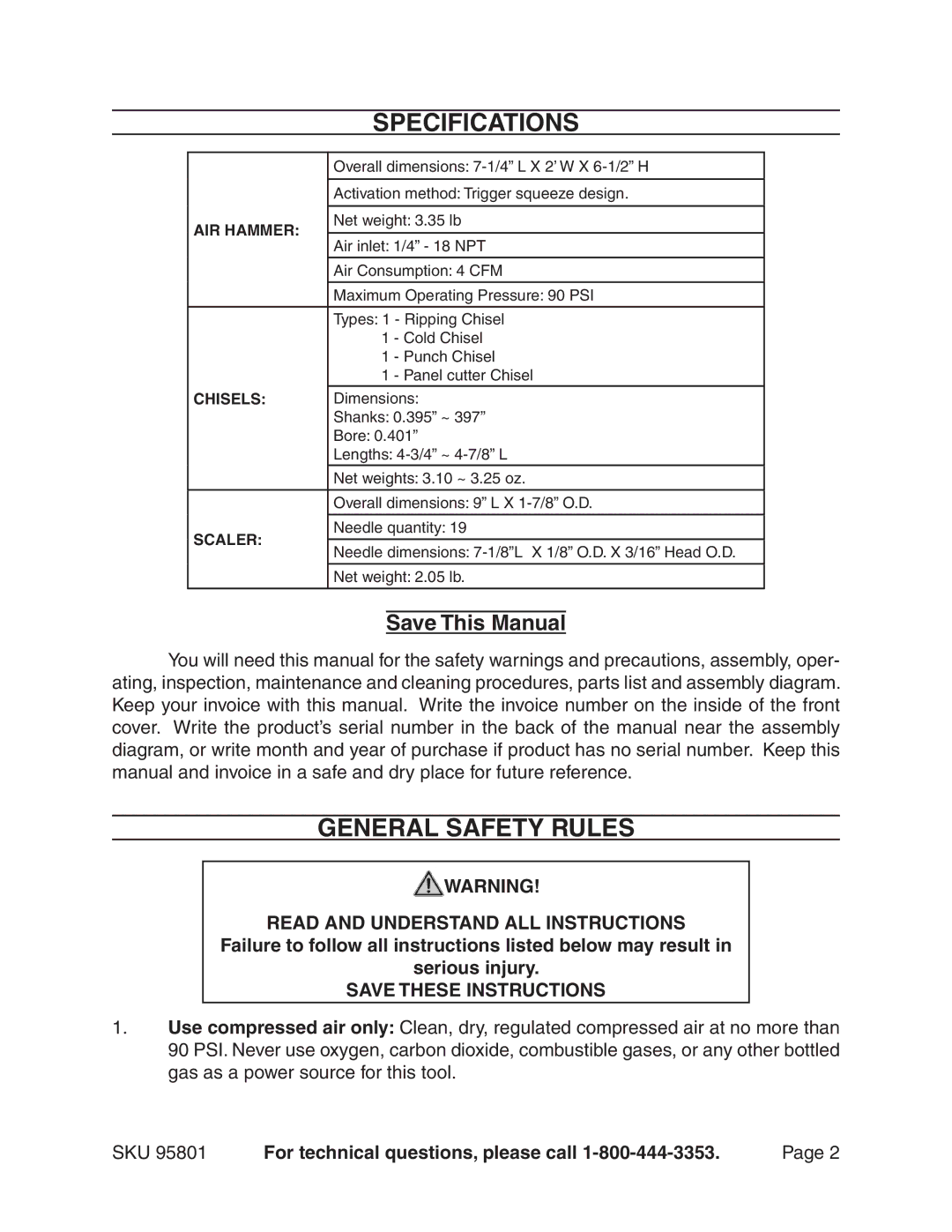 Harbor Freight Tools 95801 manual Specifications, General Safety Rules 