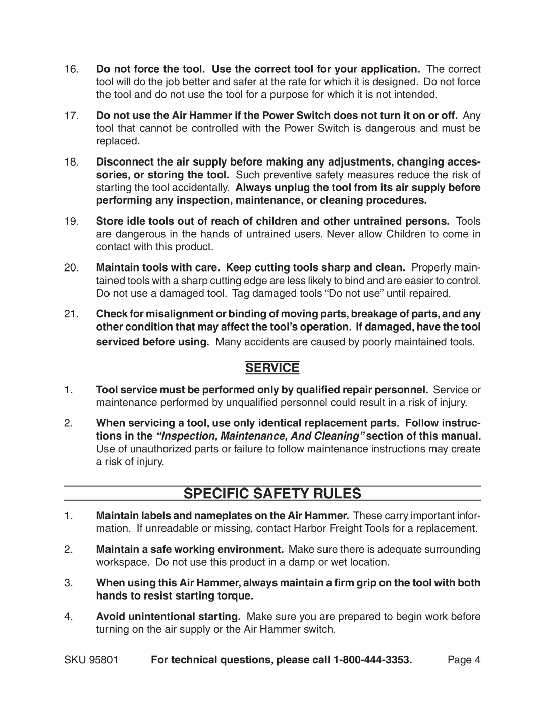 Harbor Freight Tools 95801 manual Specific Safety Rules, Service 