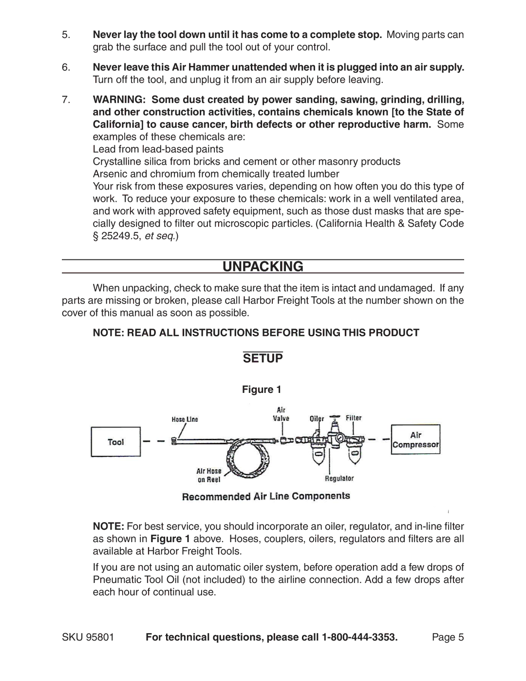 Harbor Freight Tools 95801 manual Unpacking, Setup 