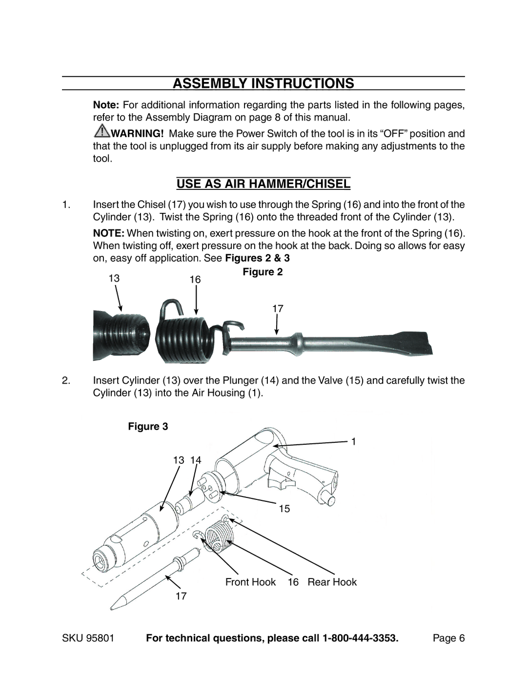 Harbor Freight Tools 95801 manual Assembly Instructions, Use As Air Hammer/Chisel 