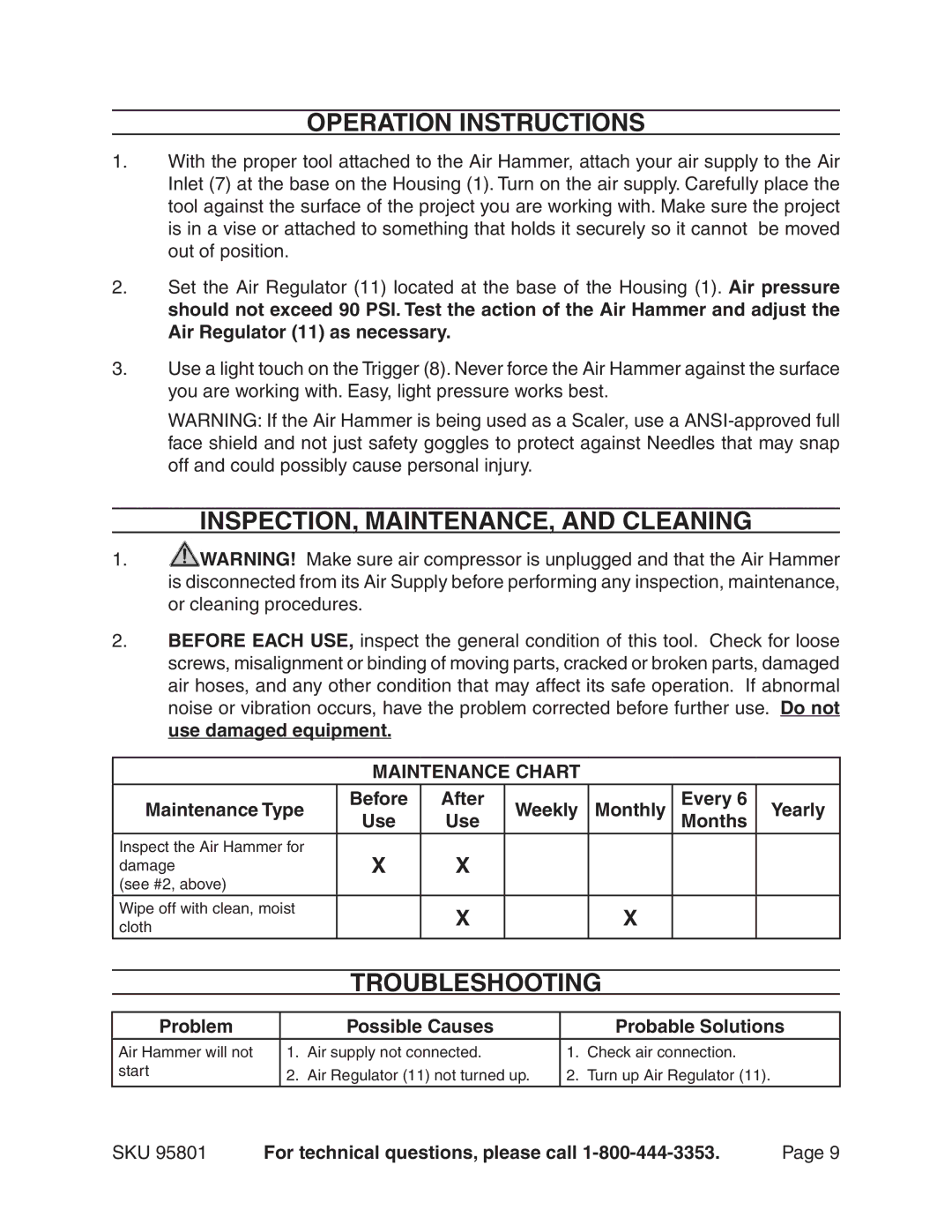 Harbor Freight Tools 95801 manual Operation Instructions, INSPECTION, MAINTENANCE, and Cleaning, Troubleshooting 