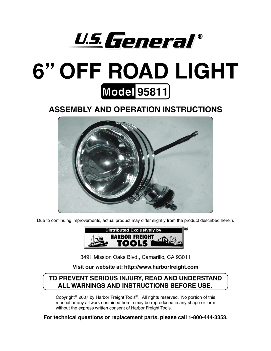 Harbor Freight Tools 95811 manual Off road light, For technical questions or replacement parts, please call 