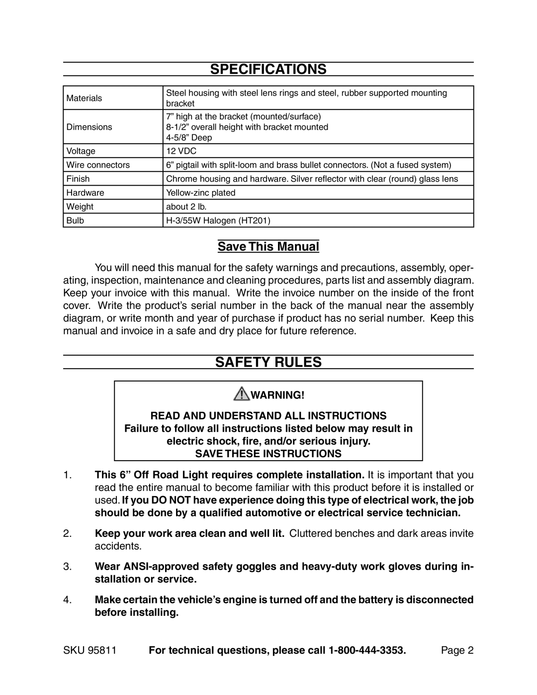 Harbor Freight Tools 95811 manual Specifications, Safety Rules 