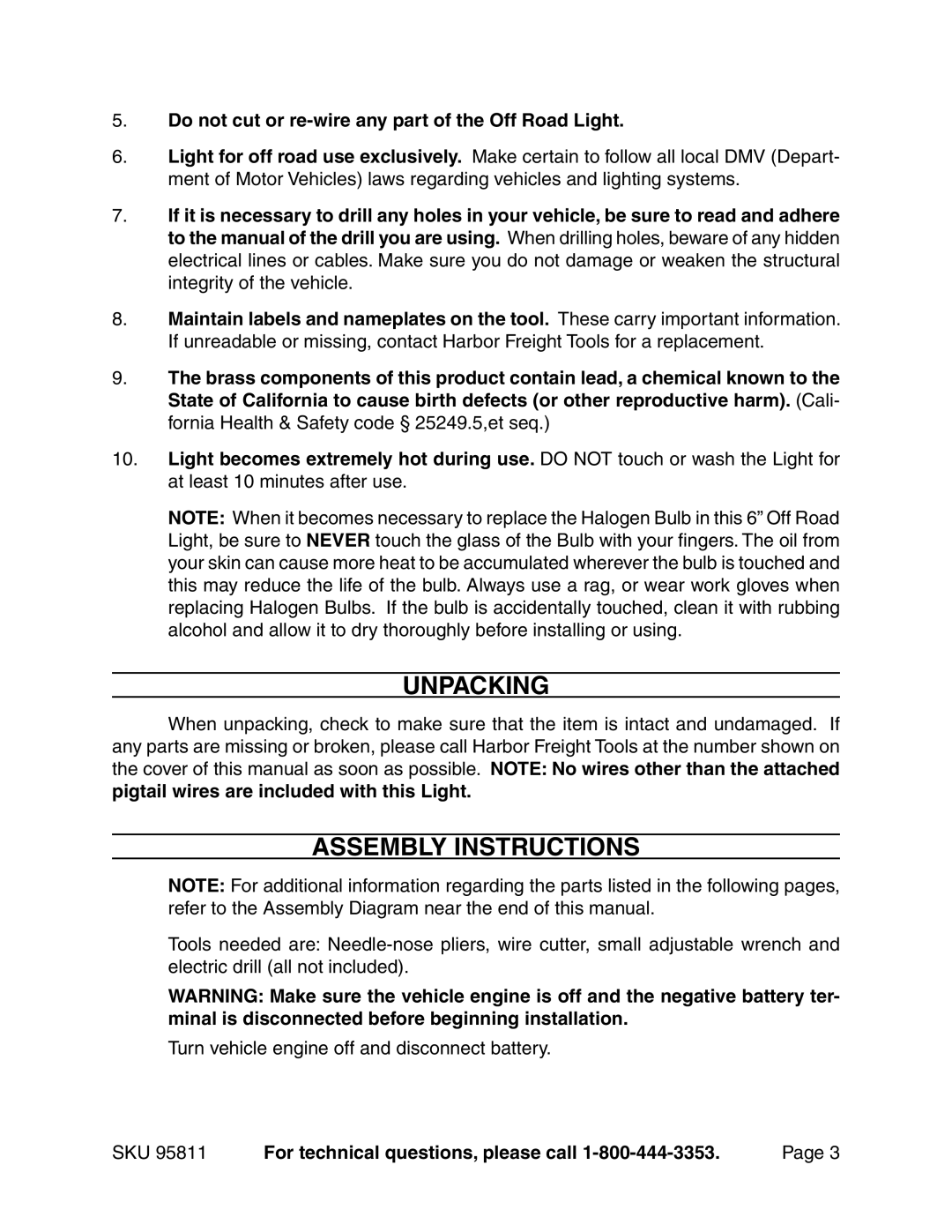 Harbor Freight Tools 95811 manual Unpacking, Assembly Instructions, Do not cut or re-wire any part of the Off Road Light 