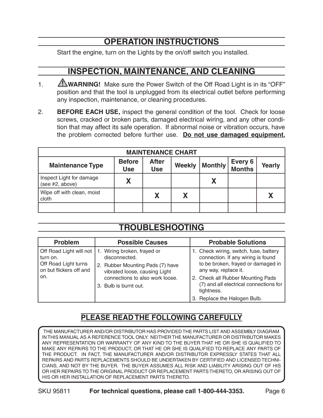 Harbor Freight Tools 95811 manual Operation Instructions, INSPECTION, MAINTENANCE, and Cleaning, Troubleshooting, Months 