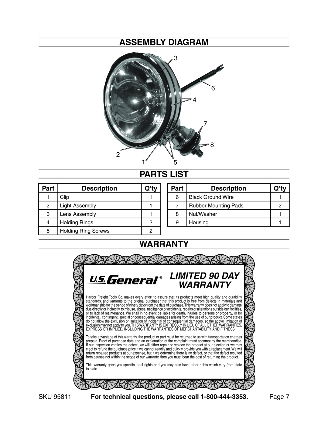 Harbor Freight Tools 95811 manual Assembly Diagram, Parts List, Warranty, Description, Q’ty, Limited 90 Day warranty, Page 